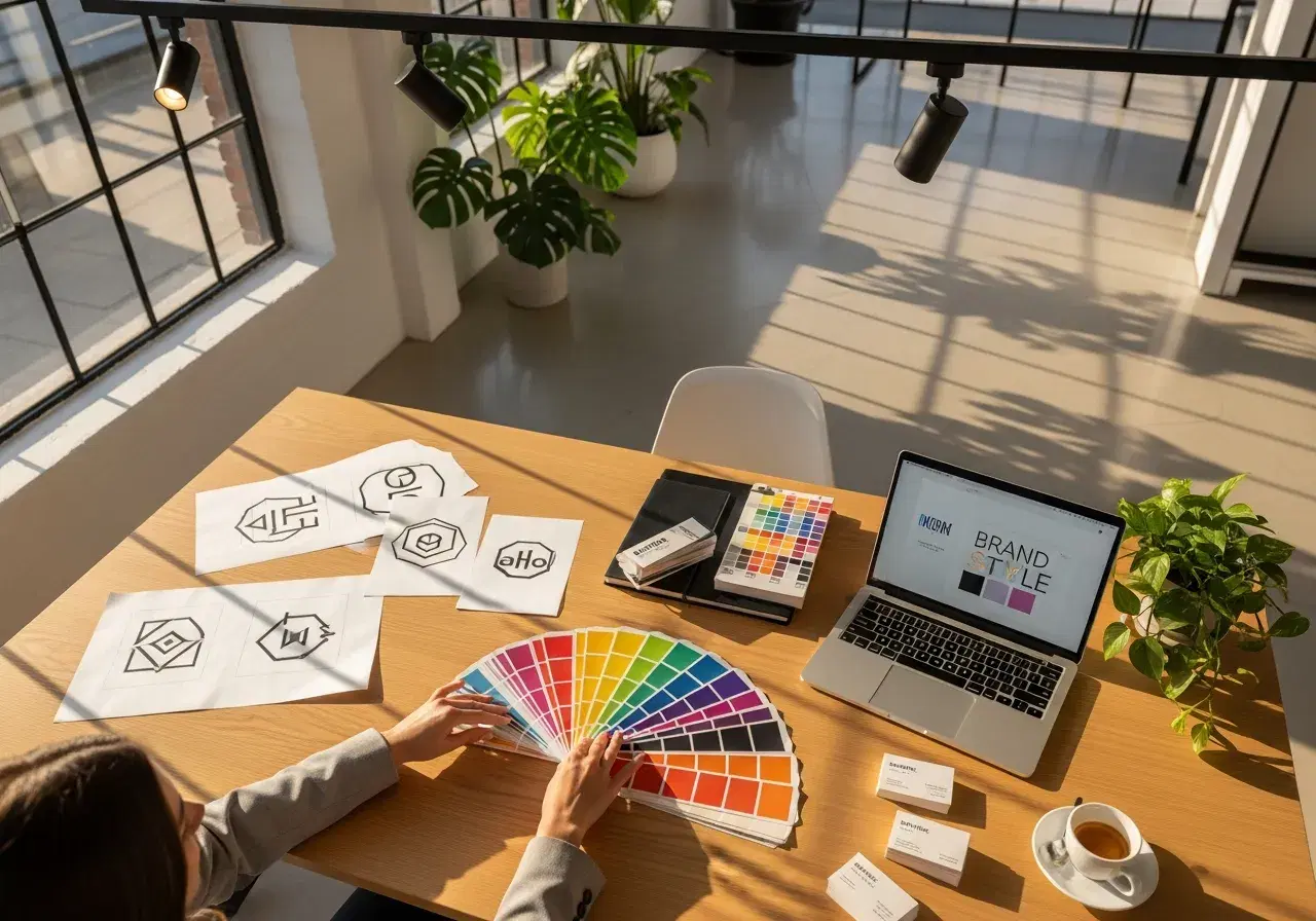 Brand identity presentation with logo concepts and color palette