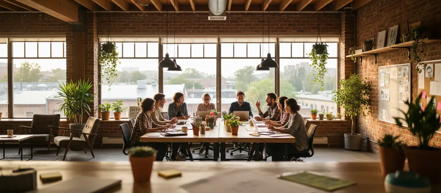 Web designers collaborating on wireframes at a standing desk